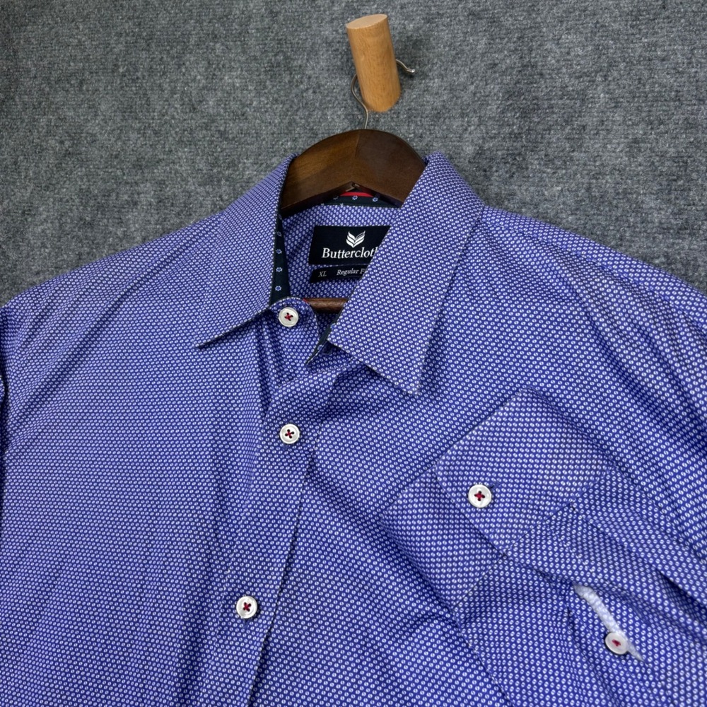 Buttercloth Button Down Shirt Mens XL Blue Geometric Regular Fit Long Sleeve